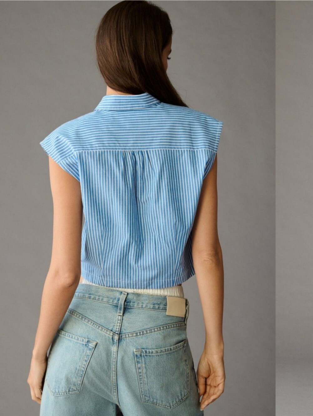 Anthropologie Maeve Blue And White Striped Capped Sleeve Button-Down Crop Top. - Picture 3 of 7